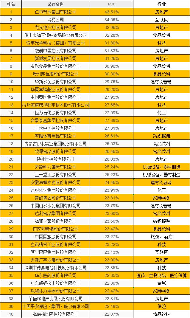 ROE40强公司名单