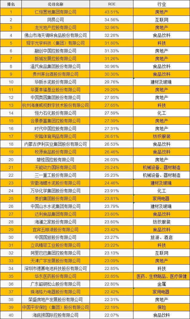 ROE40强公司名单